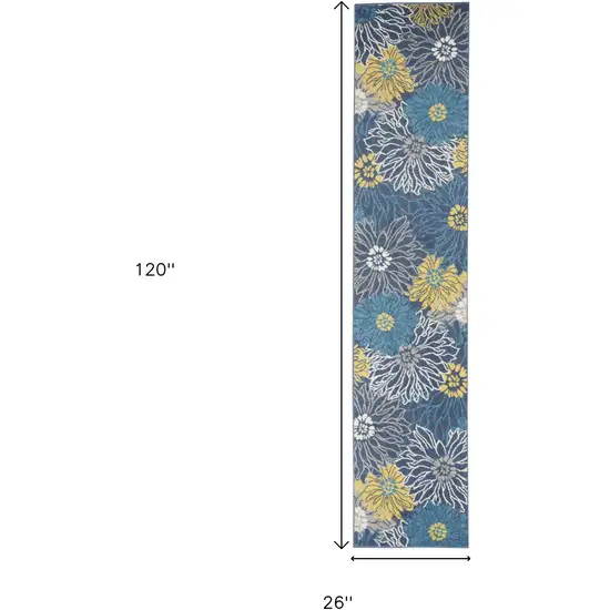 10' Blue And Gold Floral Runner Rug Photo 9