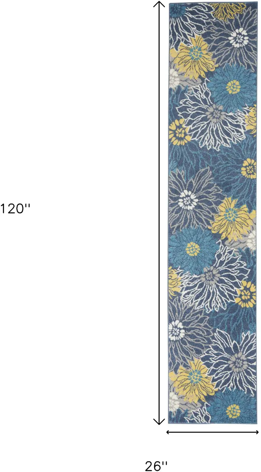 10' Blue And Gold Floral Runner Rug Photo 9