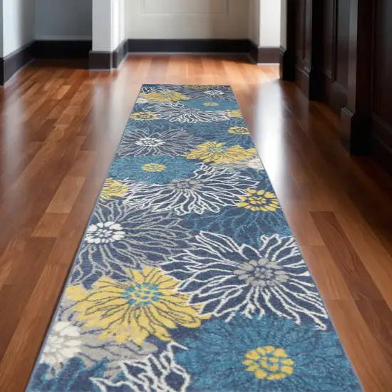 10' Blue And Gold Floral Runner Rug Photo 2
