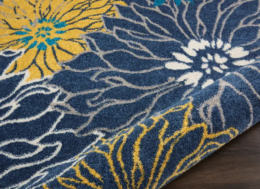 10' Blue And Gold Floral Runner Rug Photo 9