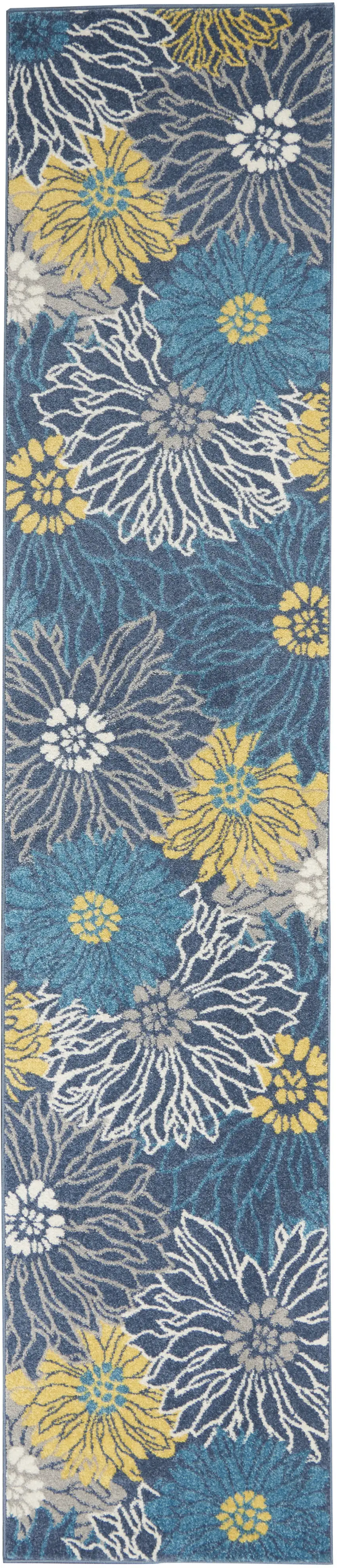 10' Blue And Gold Floral Runner Rug Photo 1