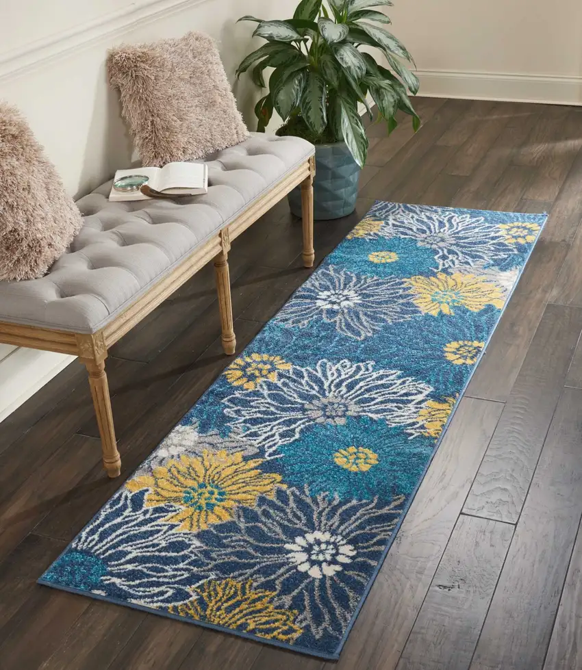 Blue Tropical Flower Runner Rug Photo 6