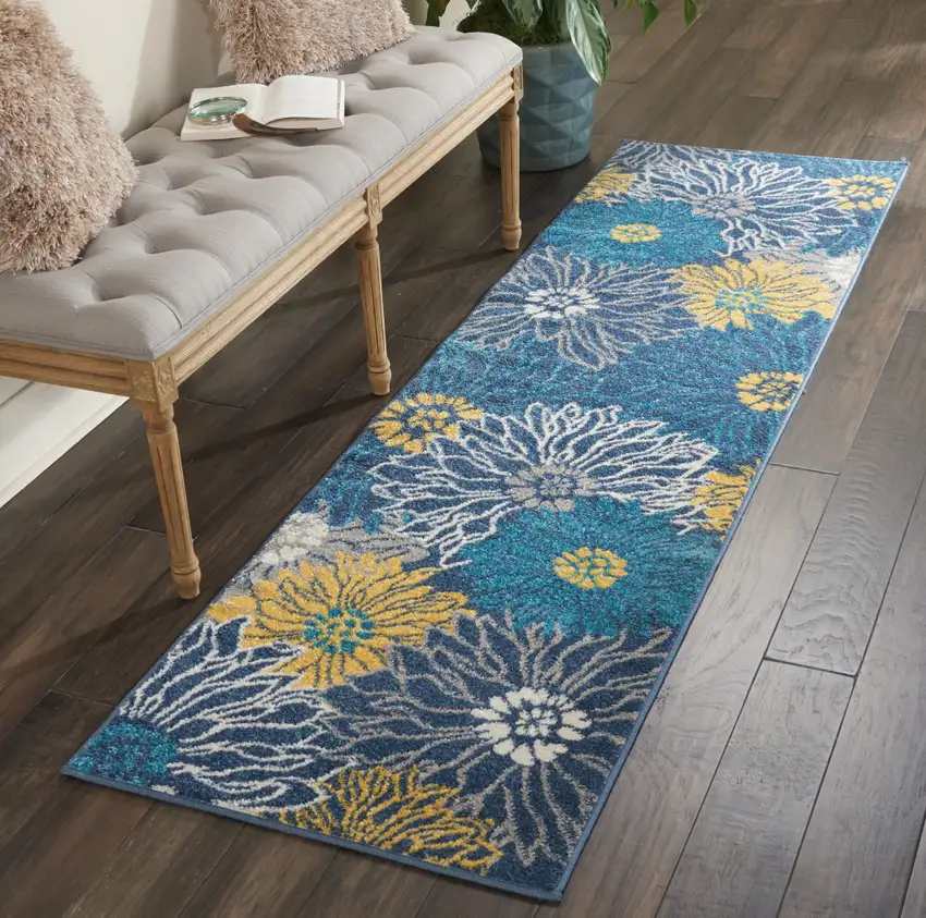 8' Blue And Gold Floral Runner Rug Photo 8