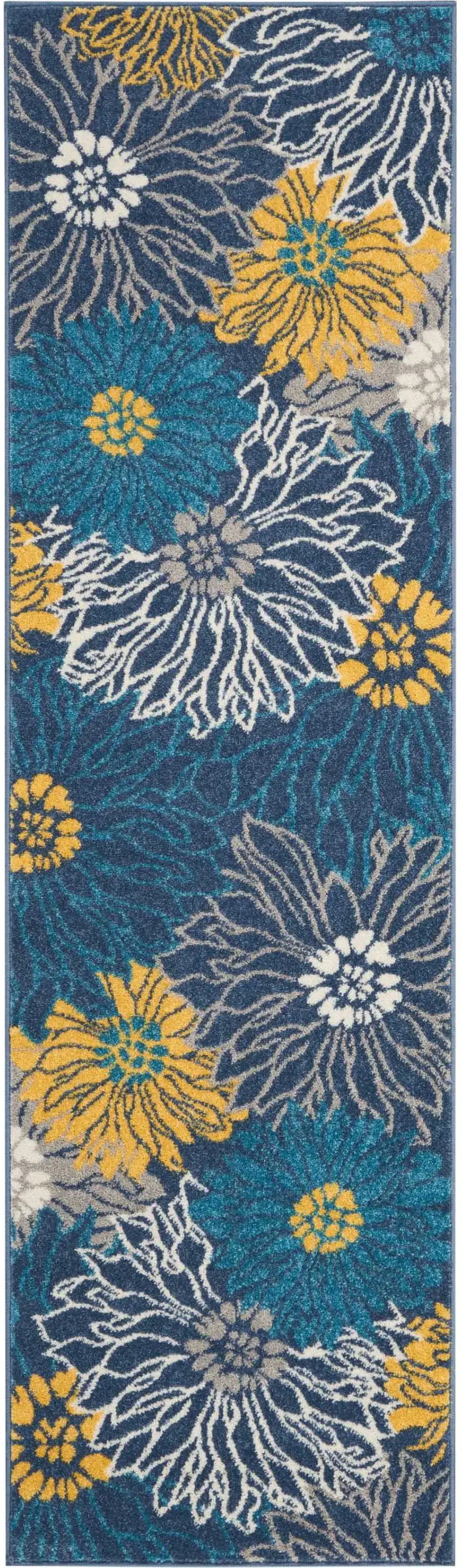 8' Blue And Gold Floral Runner Rug Photo 1