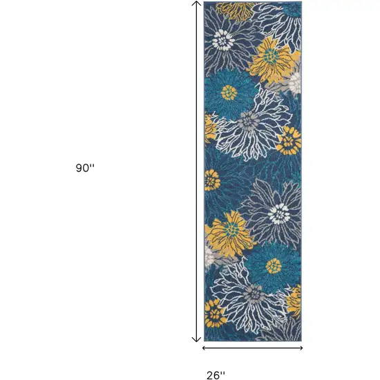 8' Blue And Gold Floral Runner Rug Photo 9