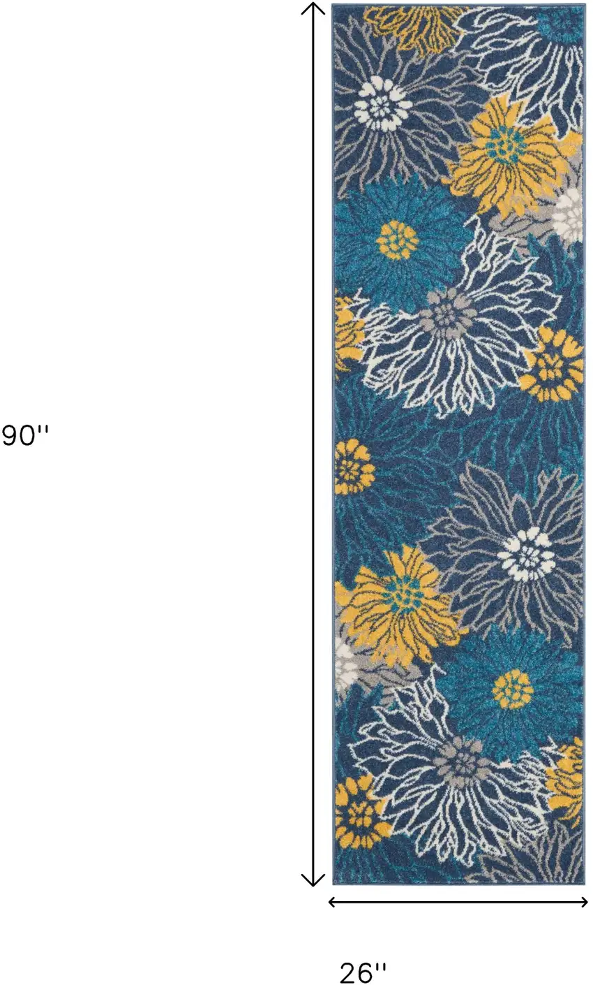 8' Blue And Gold Floral Runner Rug Photo 9
