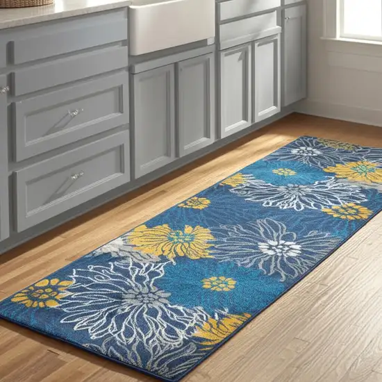8' Blue And Gold Floral Runner Rug Photo 1