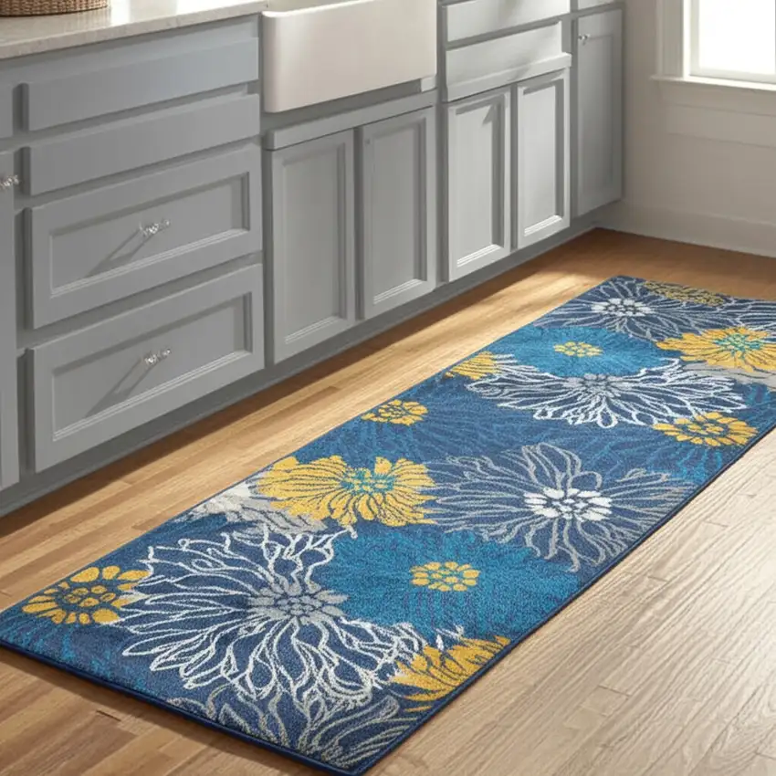 8' Blue And Gold Floral Runner Rug Photo 1