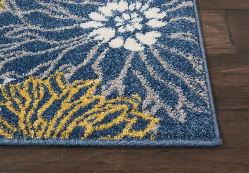8' Blue And Gold Floral Runner Rug Photo 9