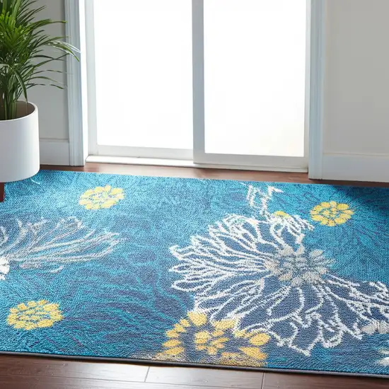 6' Blue And Gold Floral Runner Rug Photo 2