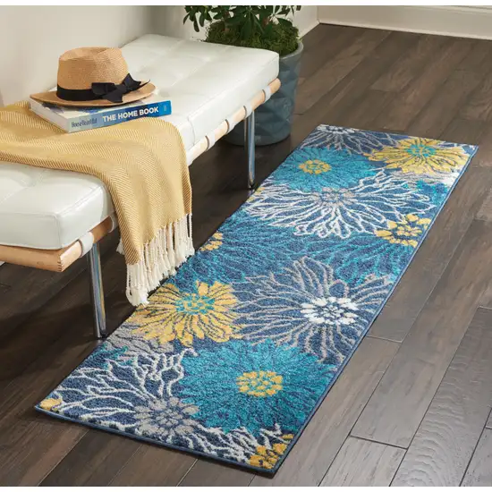 6' Blue And Gold Floral Runner Rug Photo 4