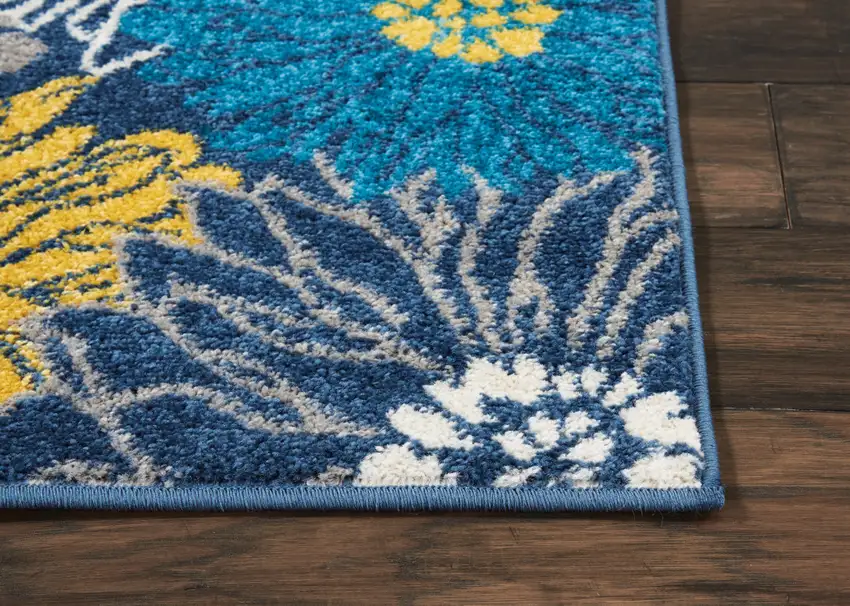 6' Blue And Gold Floral Runner Rug Photo 9