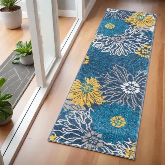 6' Blue And Gold Floral Runner Rug Photo 2