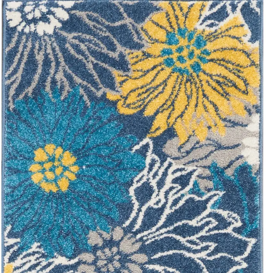 6' Blue And Gold Floral Runner Rug Photo 5