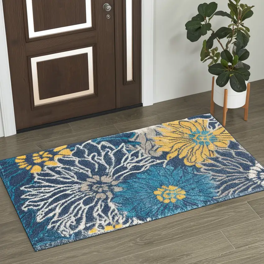 Blue And Gold Floral Area Rug Photo 1