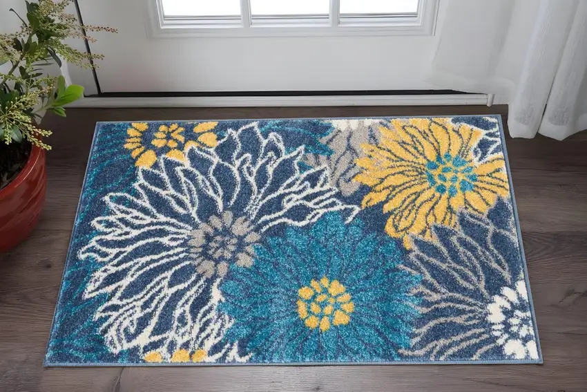 Blue And Gold Floral Area Rug Photo 2
