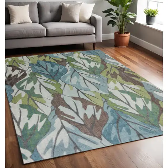 Ivory Blue And Green Botanical Leaves Area Rug Photo 1
