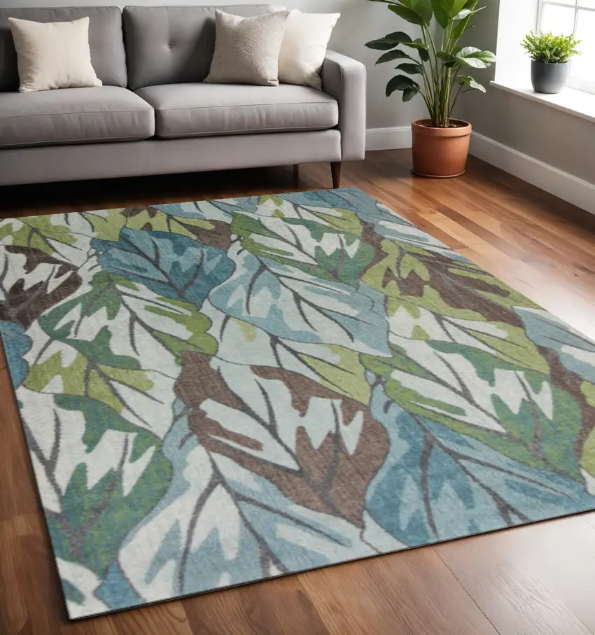Ivory Blue And Green Botanical Leaves Area Rug Photo 1