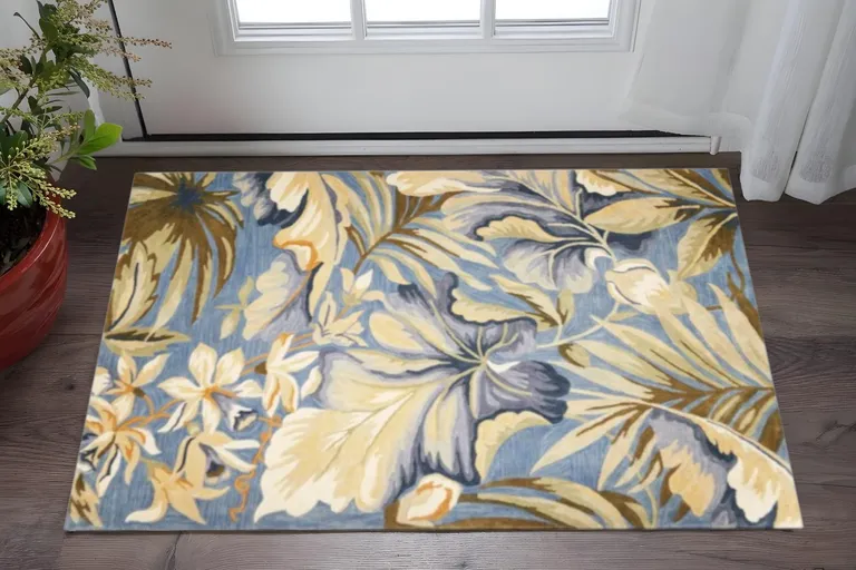 Blue Tropical Leaves Wool Indoor Area Rug Photo 2