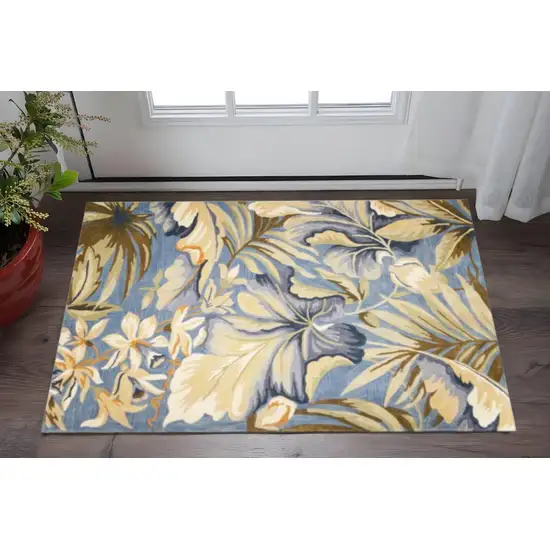 Blue Beige And Green Wool Tropical Botanical Hand Tufted Area Rug Photo 1