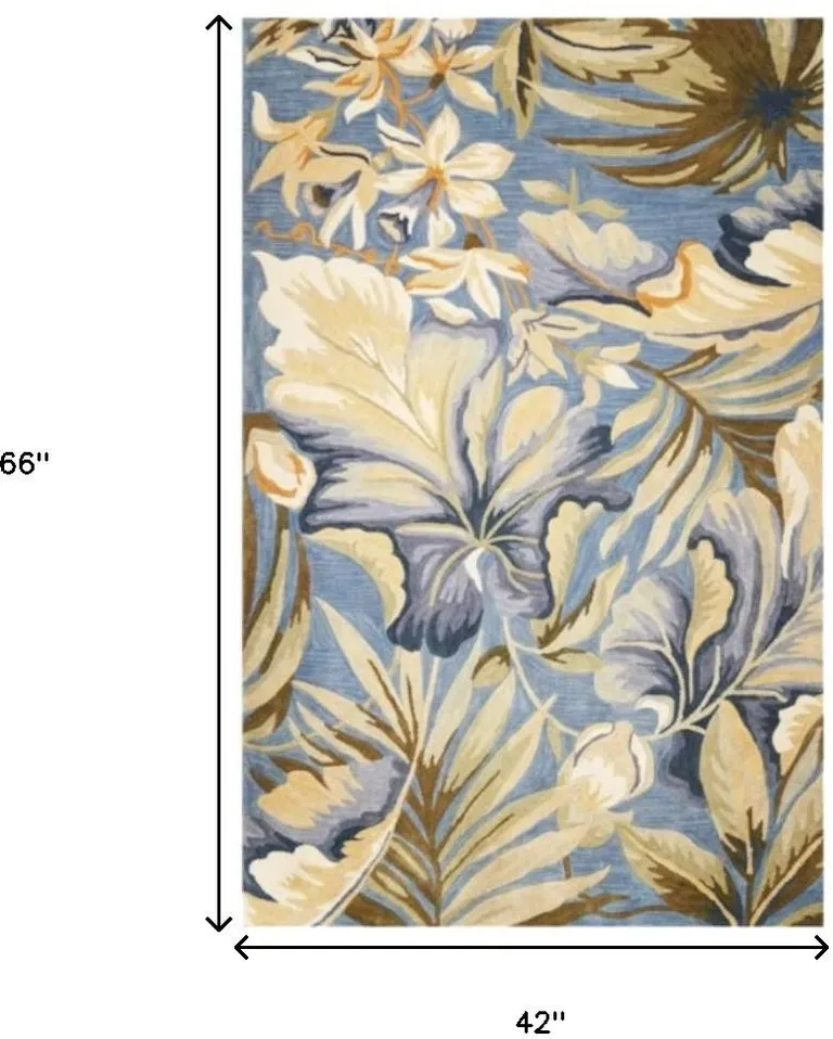 Blue Tropical Leaves Wool Indoor Area Rug Photo 4