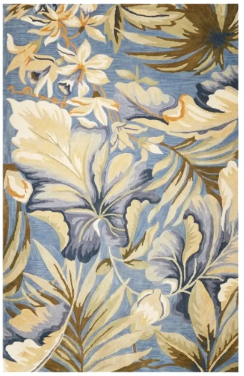 Blue Beige And Green Wool Tropical Botanical Hand Tufted Area Rug Photo 2