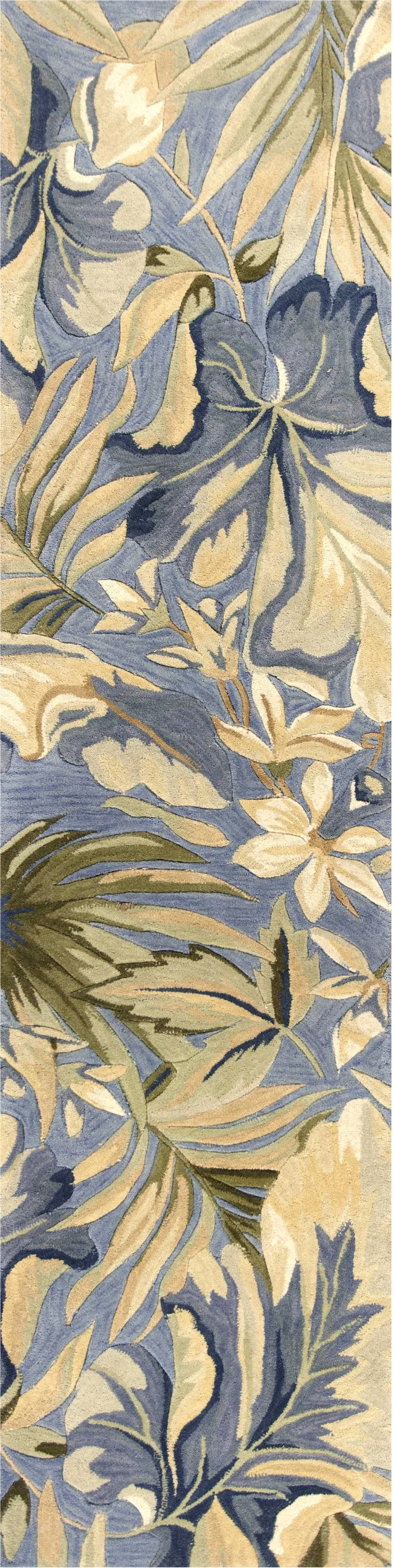 Blue Tropical Leaves Wool Indoor Runner Rug Photo 3