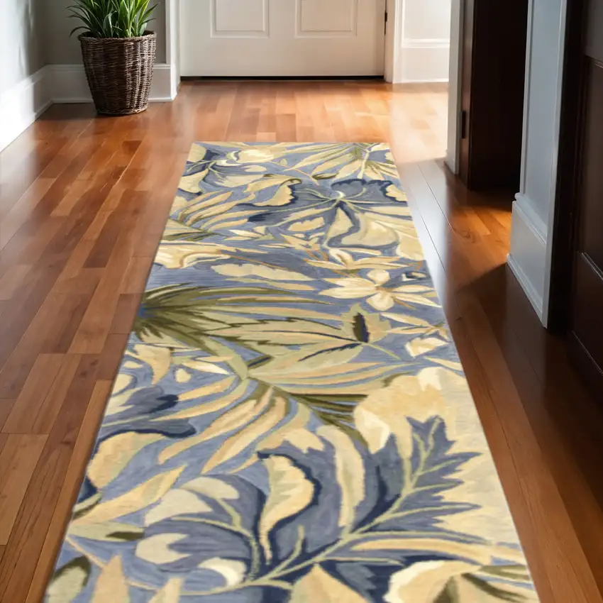 10' Blue Beige And Green Wool Tropical Botanical Hand Tufted Runner Rug Photo 1
