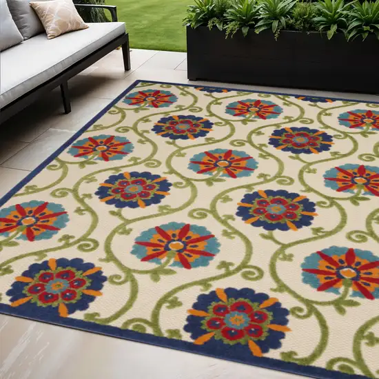 Ivory And Blue Floral Indoor Outdoor Area Rug Photo 2