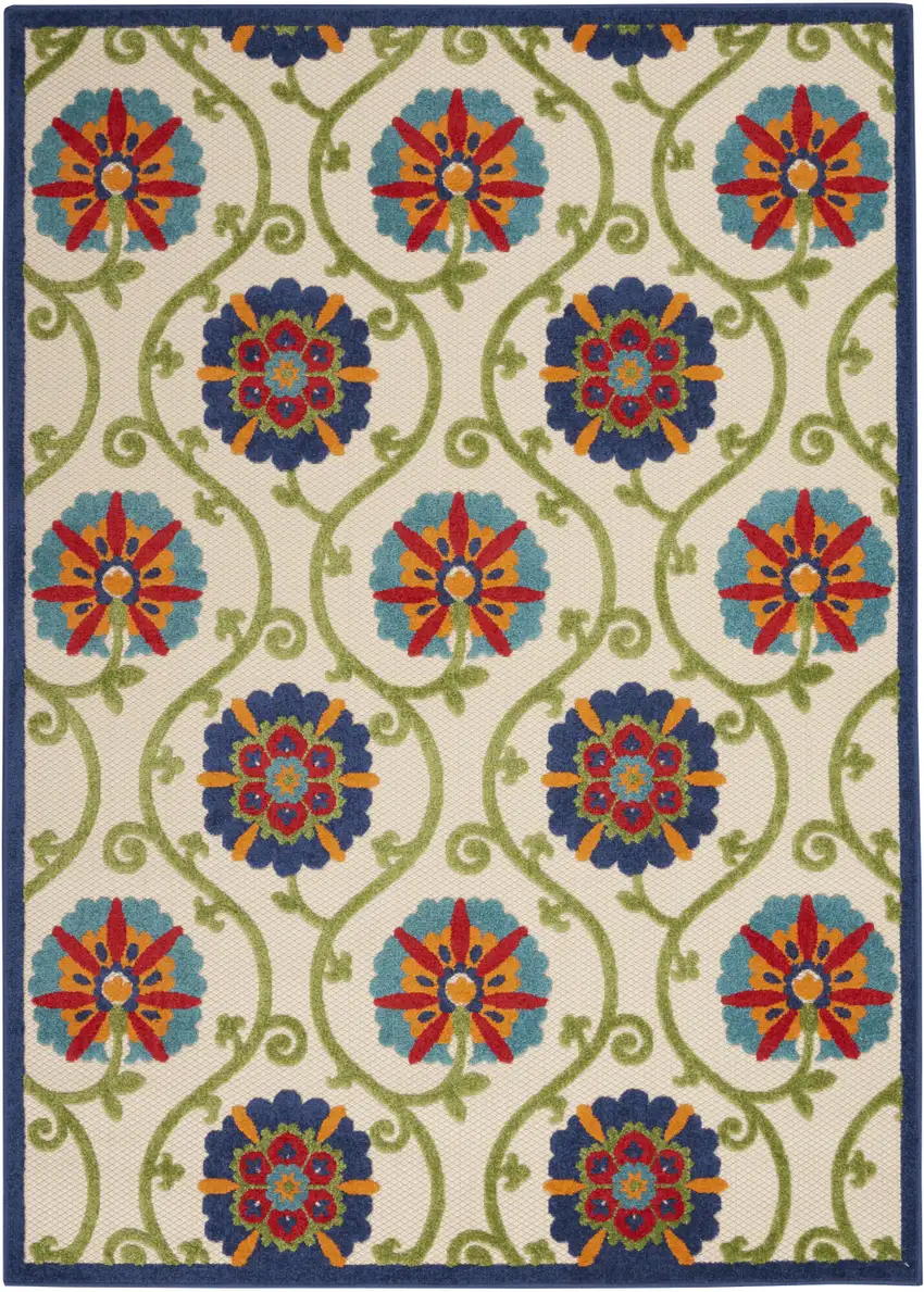 Ivory And Blue Floral Indoor Outdoor Area Rug Photo 1
