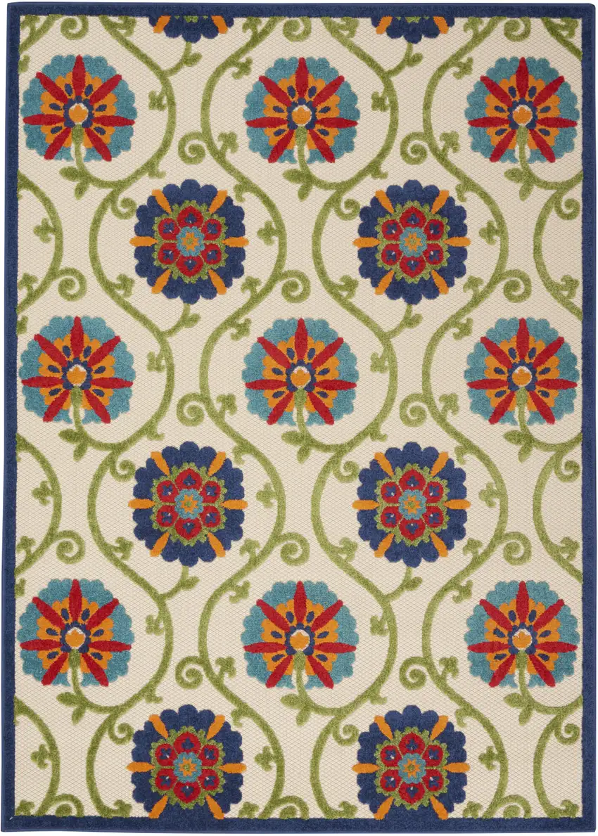 Ivory And Blue Floral Indoor Outdoor Area Rug Photo 7