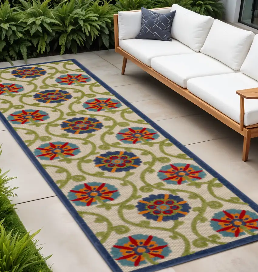 12' Ivory And Blue Indoor Outdoor Runner Rug Photo 2