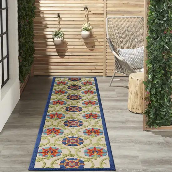 12' Ivory And Blue Indoor Outdoor Runner Rug Photo 5