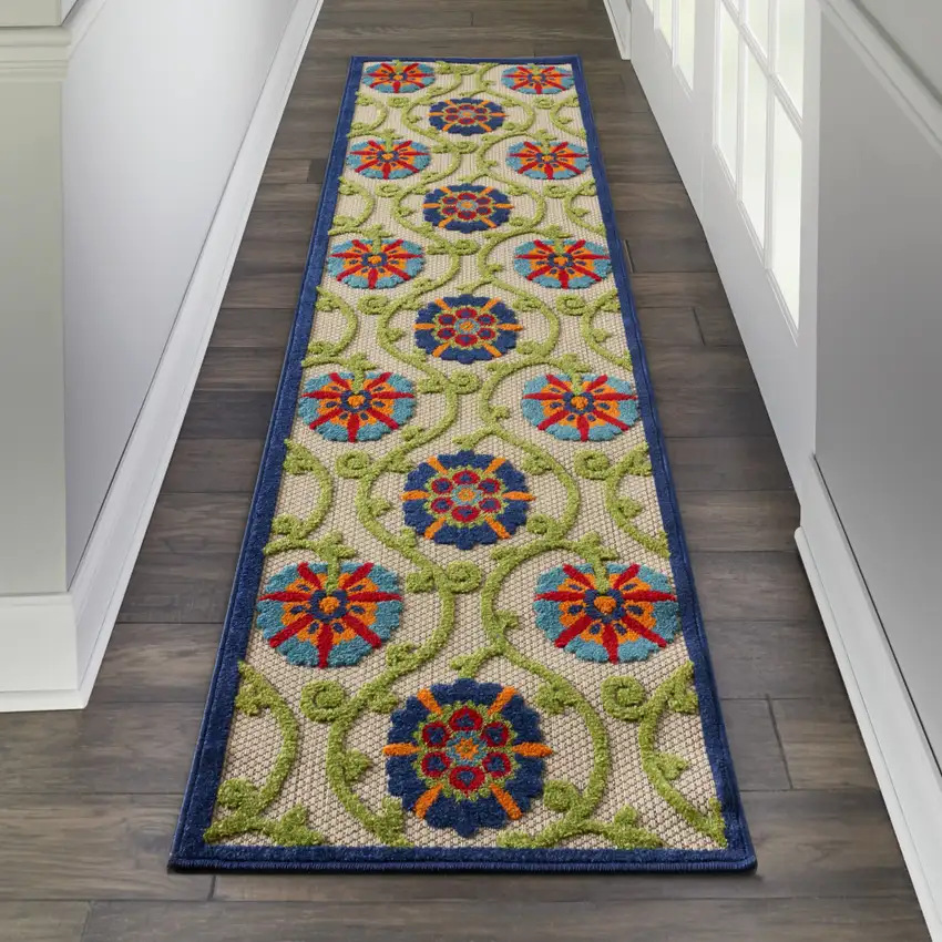 Ivory And Blue Floral Indoor Outdoor Area Rug Photo 2
