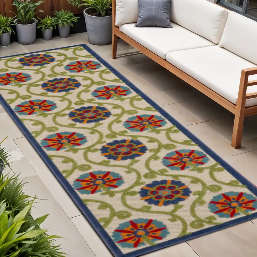 8' Ivory And Blue Indoor Outdoor Area Rug Photo 2