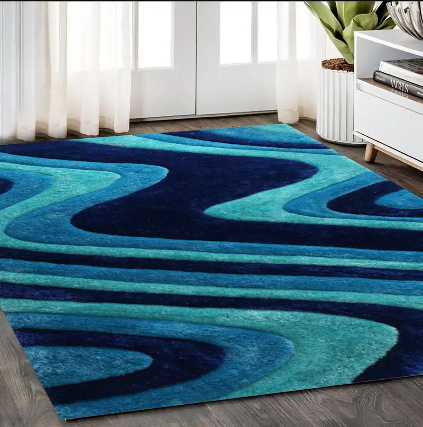 Blue Wavy Shag Hand Tufted Area Rug Photo 1