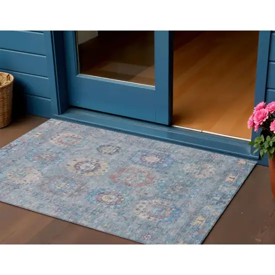 Blue Wheat And Copper Medallion Washable Indoor Outdoor Area Rug Photo 1