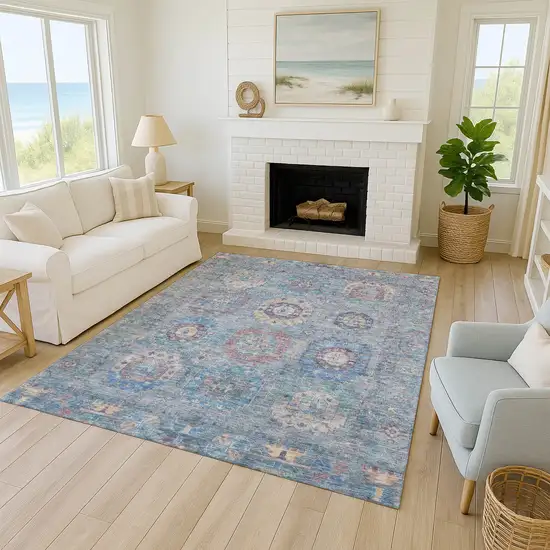 Blue Wheat And Copper Medallion Washable Indoor Outdoor Area Rug Photo 9