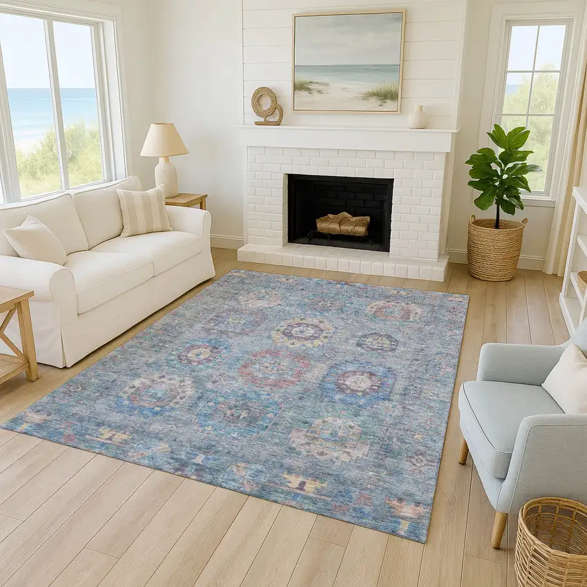 Blue Wheat And Copper Medallion Washable Indoor Outdoor Area Rug Photo 9