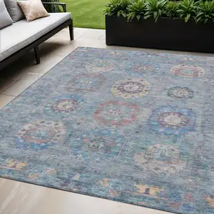 Photo of Blue Wheat And Copper Medallion Washable Indoor Outdoor Area Rug