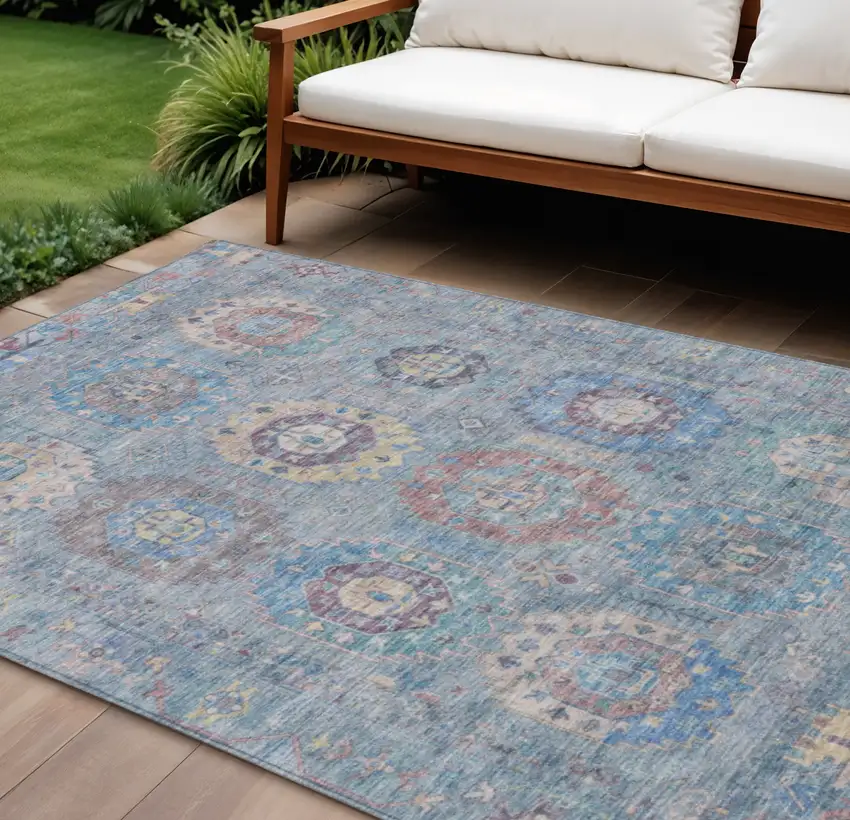 Blue Wheat And Copper Medallion Washable Indoor Outdoor Area Rug Photo 1