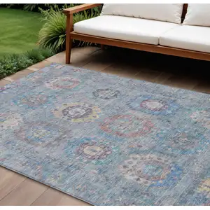 Photo of Blue Wheat And Copper Medallion Washable Indoor Outdoor Area Rug