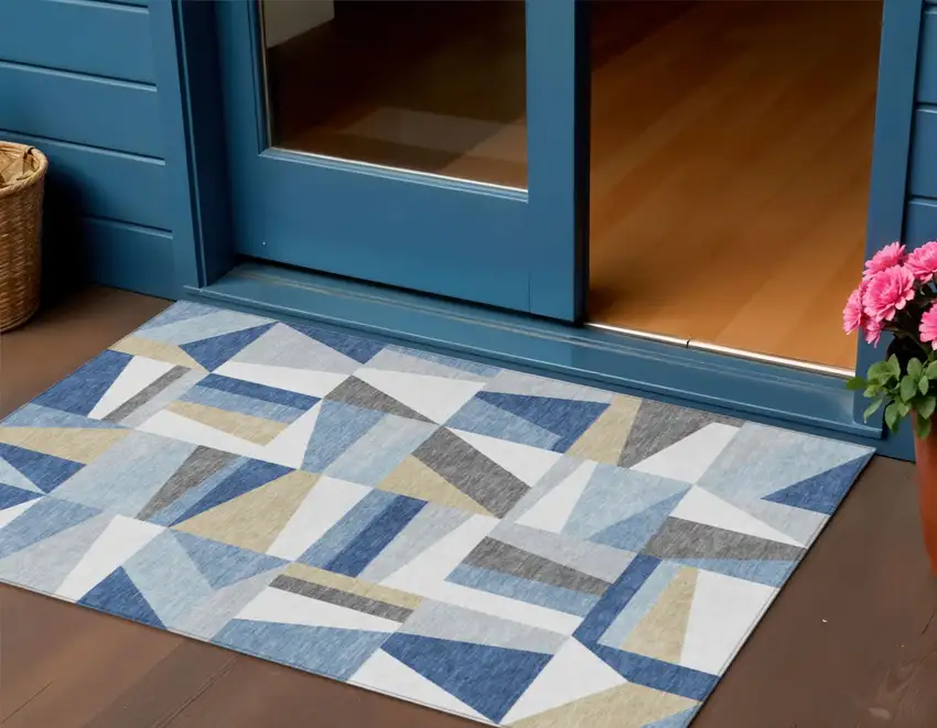 Blue Wheat And Ivory Geometric Washable Indoor Outdoor Area Rug Photo 1
