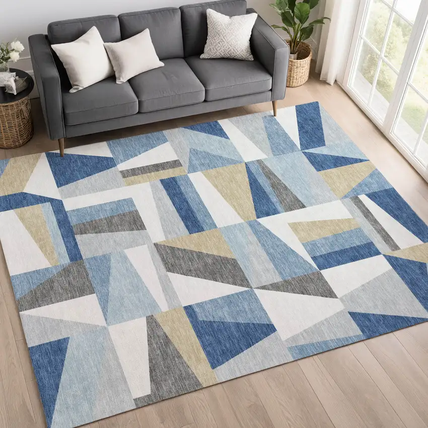 Blue Wheat And Ivory Geometric Washable Indoor Outdoor Area Rug Photo 9