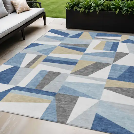 Blue Wheat And Ivory Geometric Washable Indoor Outdoor Area Rug Photo 1