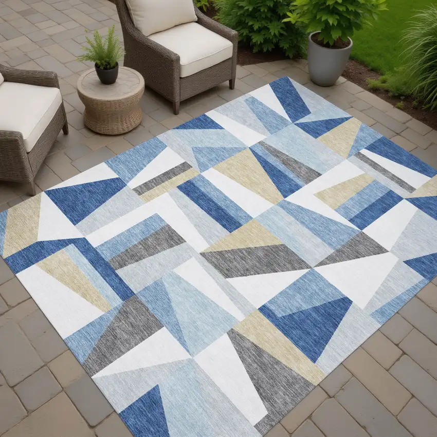 Blue Wheat And Ivory Geometric Washable Indoor Outdoor Area Rug Photo 8