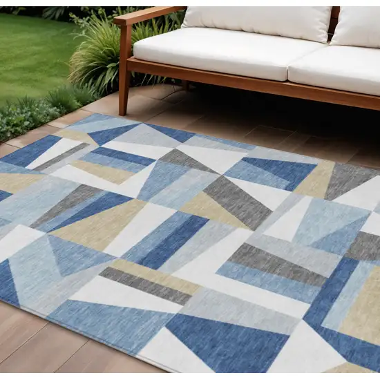 Blue Wheat And Ivory Geometric Washable Indoor Outdoor Area Rug Photo 1