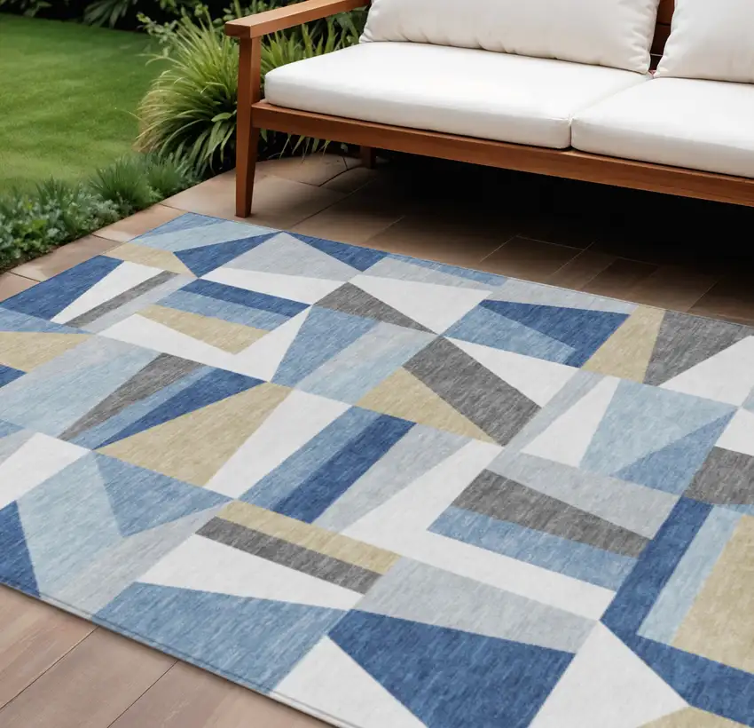 Blue Wheat And Ivory Geometric Washable Indoor Outdoor Area Rug Photo 1