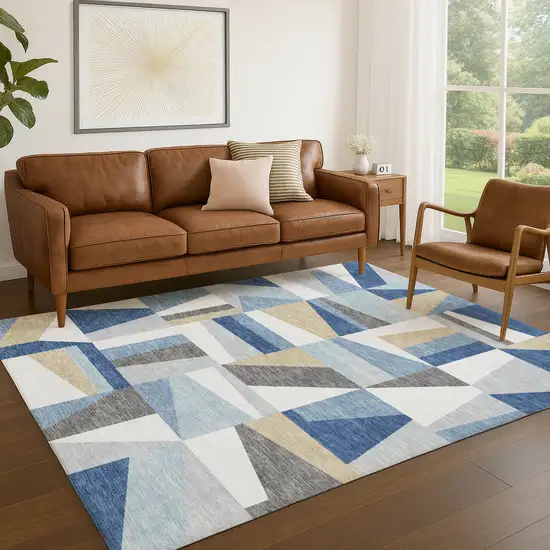 Blue Wheat And Ivory Geometric Washable Indoor Outdoor Area Rug Photo 9