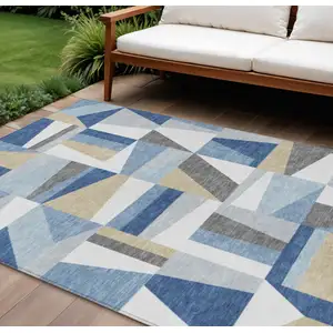 Photo of Blue Wheat And Ivory Geometric Washable Indoor Outdoor Area Rug